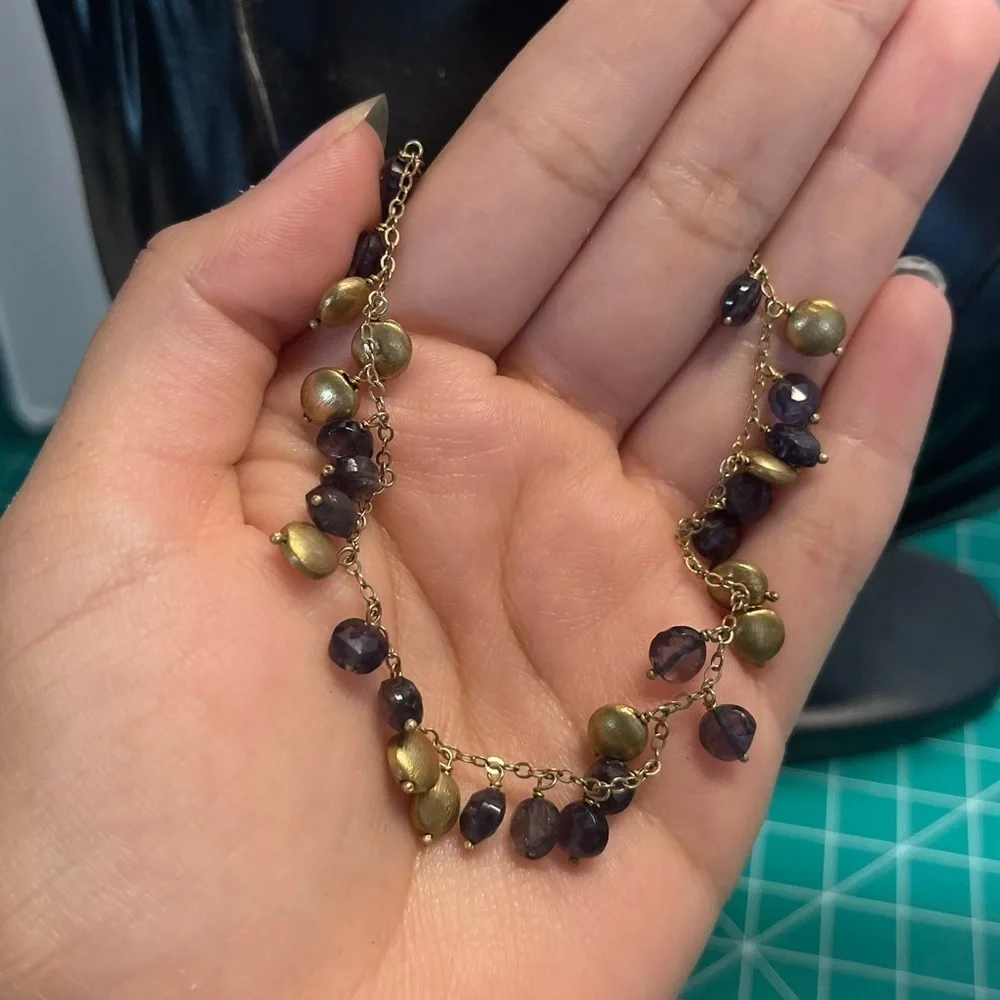 Sterling silver gold plated purple crystal bead dangle necklace